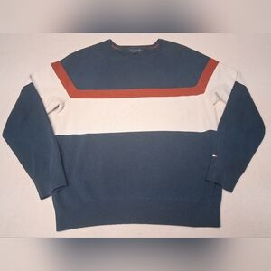 Tommy Hilfiger Vintage Y2K Men's Blue and White Sweater with Red Stripe